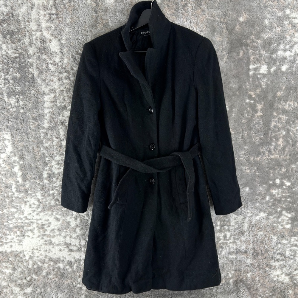 Bebe Size XS Outdoor Casual Wool Coat Black Button Long Sleeve Tie Lined‎